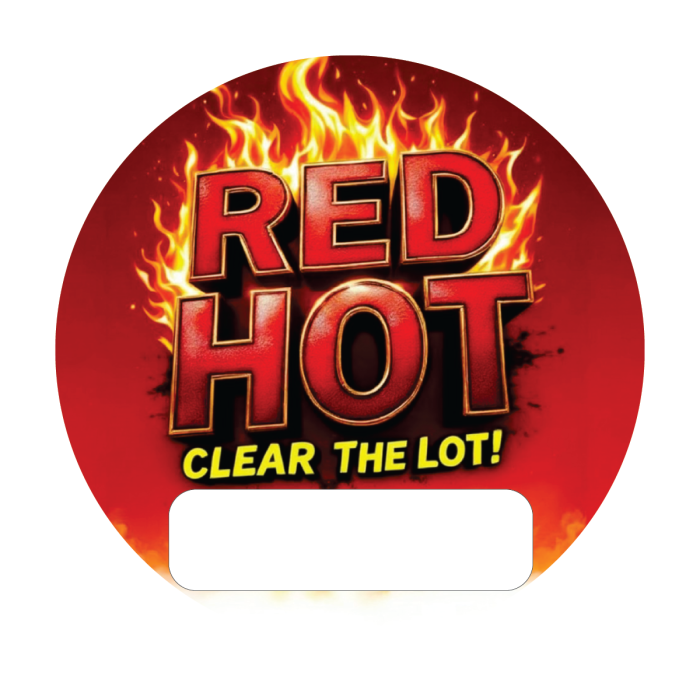 Red Hot Clear the Lot Sales Button Decals