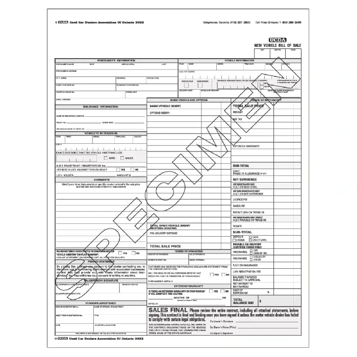 Custom Imprinted New Vehicles Sales Contracts