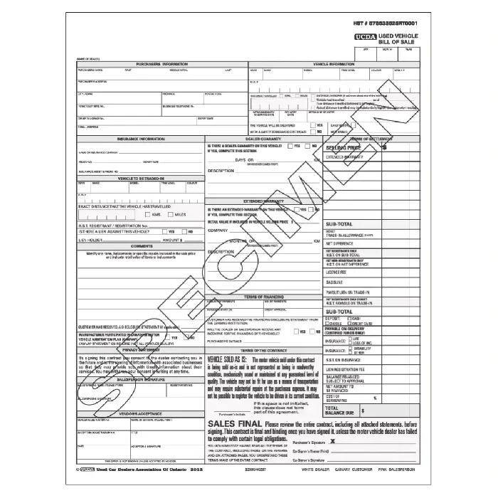 Custom Imprinted Used Vehicles Sales Contracts